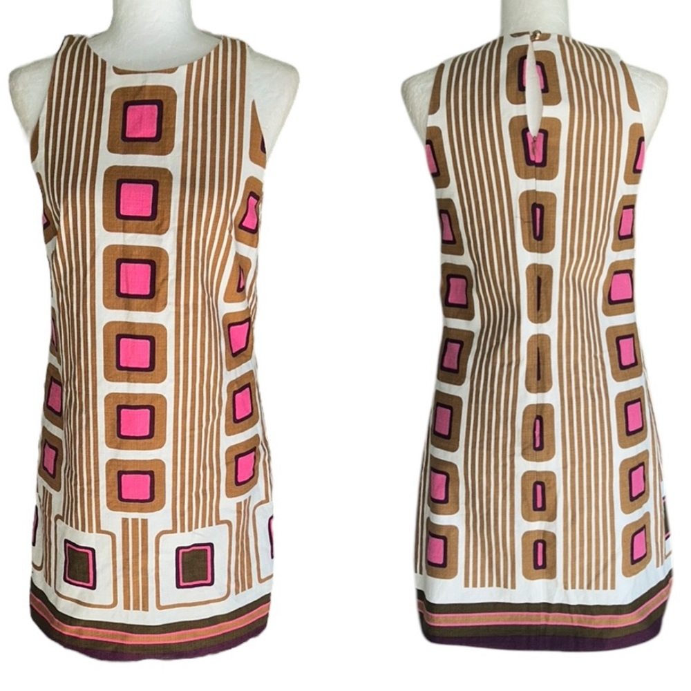 MILLY Geometric Mod Print Brown Pink Sleeveless Cutout Shift Mini Dress - 6